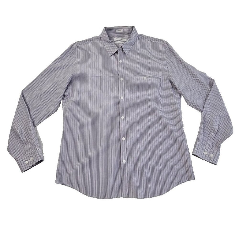 Calvin Klein Button Up Shirt Men's L Purple‎ Stripes Pocket Long Sleeve EUC LN